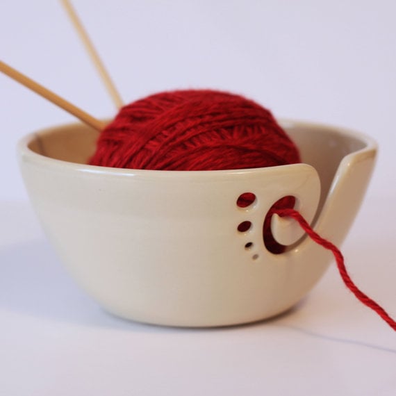 Image of White Ceramic Yarn Bowl, Yarn Bowl, Knitting Bowl, Crochet Bowl, Pottery Yarn Bowl,