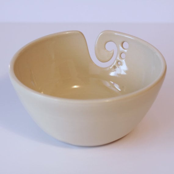 Image of White Ceramic Yarn Bowl, Yarn Bowl, Knitting Bowl, Crochet Bowl, Pottery Yarn Bowl,