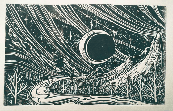 Image of "Halo On The Water": Small Woodcut