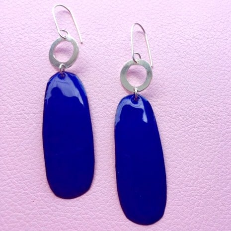 Image of Silver hoops with cobalt blue drop 