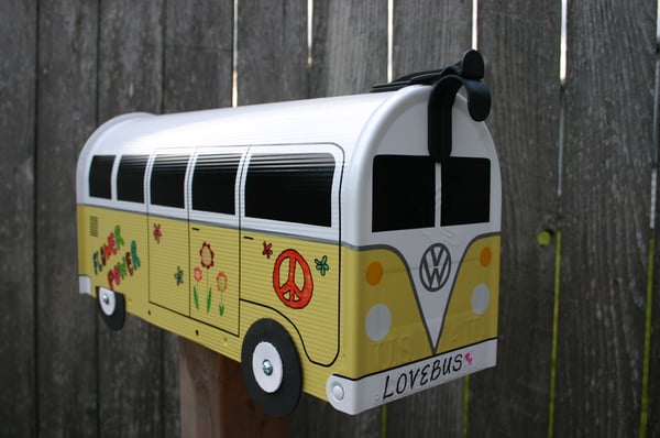 Image of Yellow Two Tone Volkswagen Bus Mailbox by TheBusBox - VW Graffiti Hippie Peace Love Flower Power
