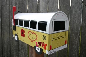 Image of Yellow Two Tone Volkswagen Bus Mailbox by TheBusBox - VW Graffiti Hippie Peace Love Flower Power