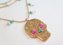 Triple Sugar Skull Pearls and Turquoise Necklace