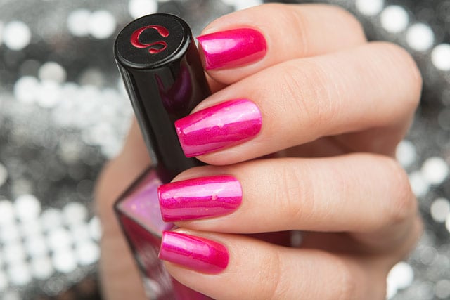 Image of ~Pink on Our Backs~ hot magenta pink shimmer w/iridescent flakes nail polish!