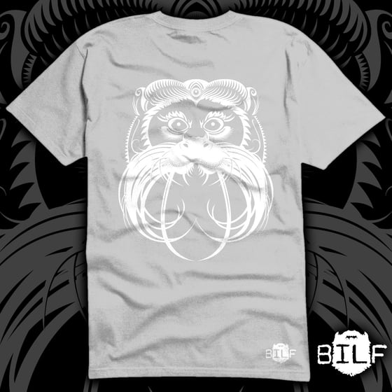 Image of 'Dave-Hercule the moustached monkey' white print on a super soft grey T.Shirt