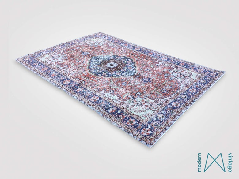 Image of Recoloured vintage persian rug in red and blue