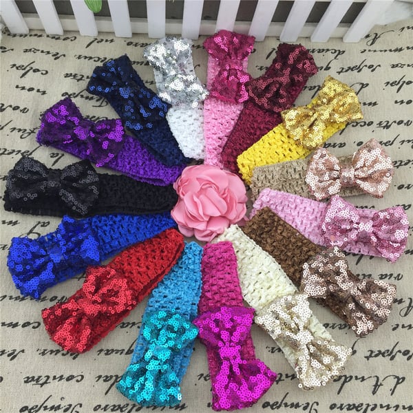 Image of BLOWOUT Sequin Bow Crochet Headbands-15 Color choices