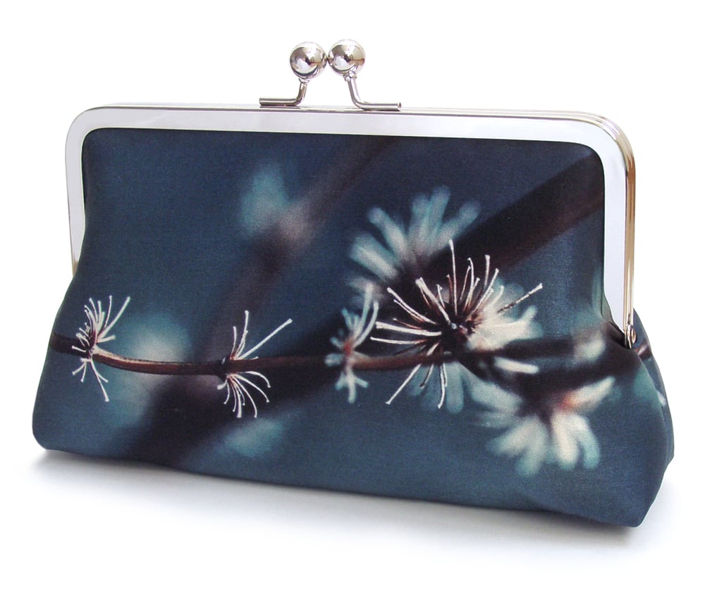 Image of Silver twigs, printed silk clutch purse + chain handle