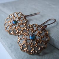 Image 2 of Fiery Lace Copper Filigree Earrings - Turquoise
