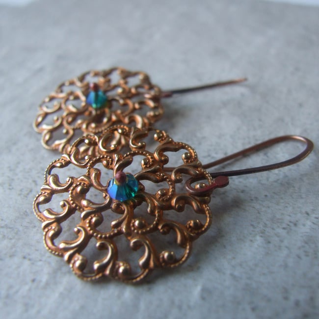 Fiery Lace Copper Filigree Earrings - Turquoise