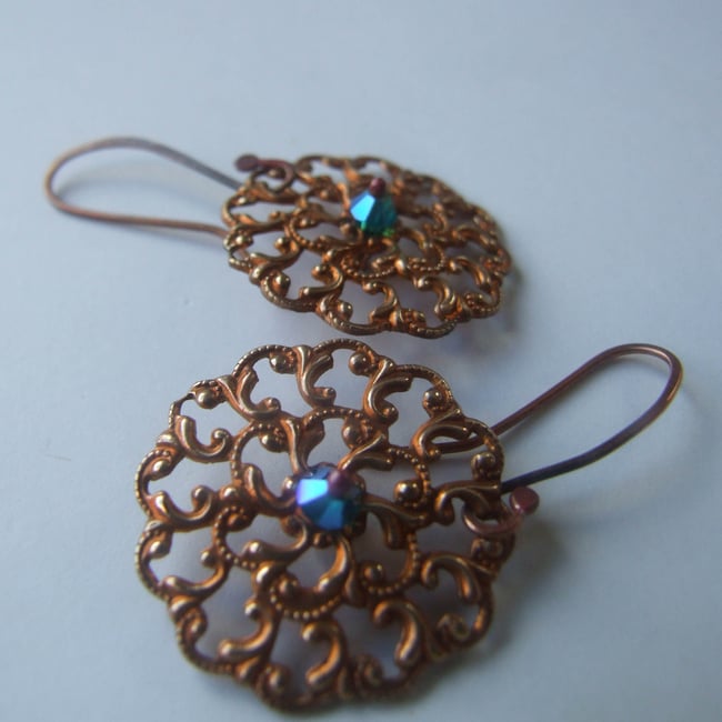 Fiery Lace Copper Filigree Earrings - Turquoise