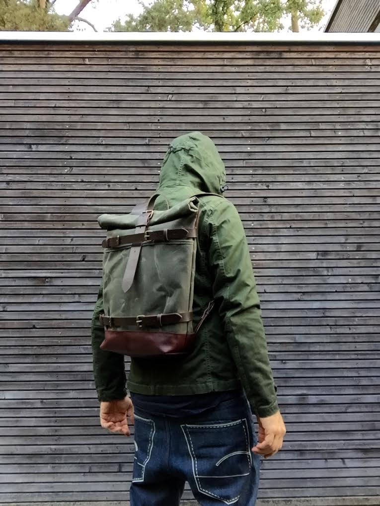 Image of Backpack with skateboard attachment, skateboard backpack in waxed canvas and leather