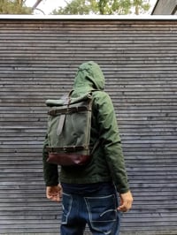 Image 1 of Backpack with skateboard attachment, skateboard backpack in waxed canvas and leather