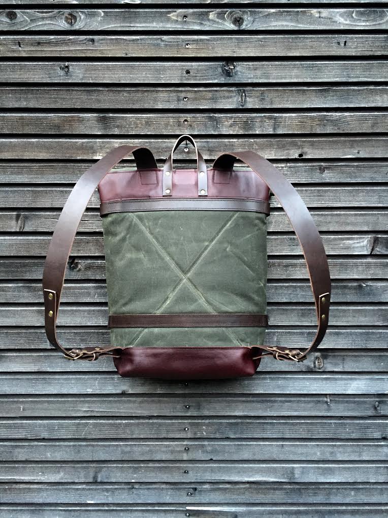 Image of Backpack with skateboard attachment, skateboard backpack in waxed canvas and leather