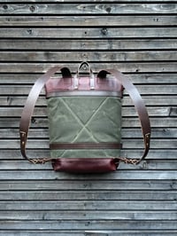 Image 3 of Backpack with skateboard attachment, skateboard backpack in waxed canvas and leather