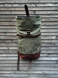 Image 4 of Backpack with skateboard attachment, skateboard backpack in waxed canvas and leather