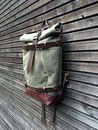 Image 5 of Backpack with skateboard attachment, skateboard backpack in waxed canvas and leather
