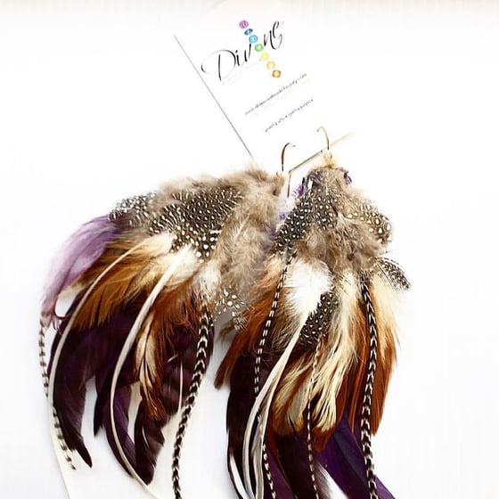 Image of From The Goddess Feather Collection~ Brown and Purple Rooster Feather Earrings 