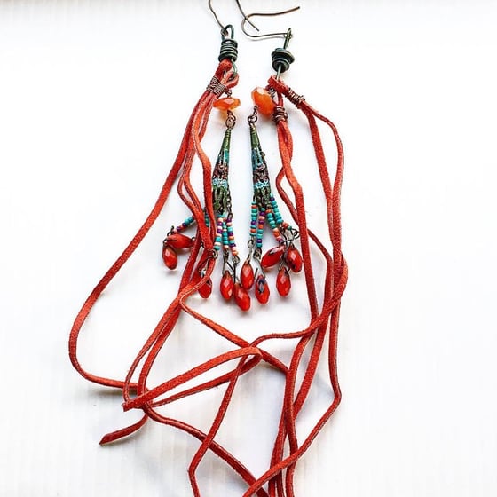 Image of Copper Patina Indian Goddess Carnelian Earrings with Suede Fringe