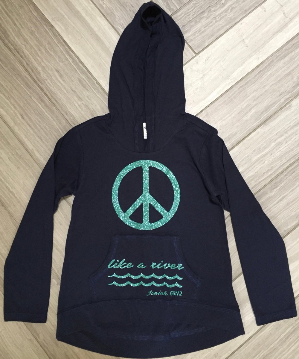 Image of PEACE LIKE A RIVER - Isaiah 66:12 - Navy Girls High-Low Hoodie with Turquoise Glitter