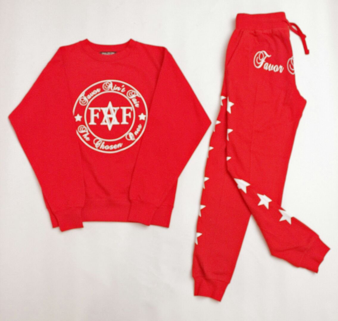 red and white jogging suit