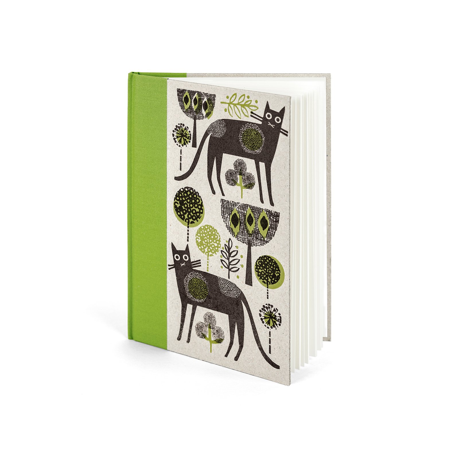 Cat A5 green handprinted hardbacked sketchbook / Jane Ormes