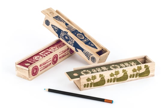 Image of Handprinted wooden pencil box with sliding lid