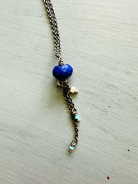 Image 1 of faceted lapis pendant with Kingman turquoise and pearl fringe