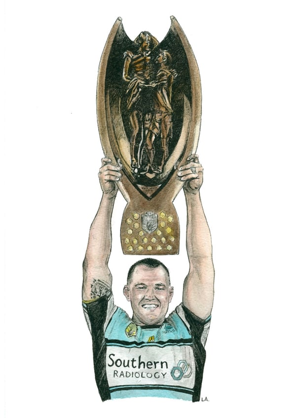 Image of Paul Gallen with the Premiership Trophy