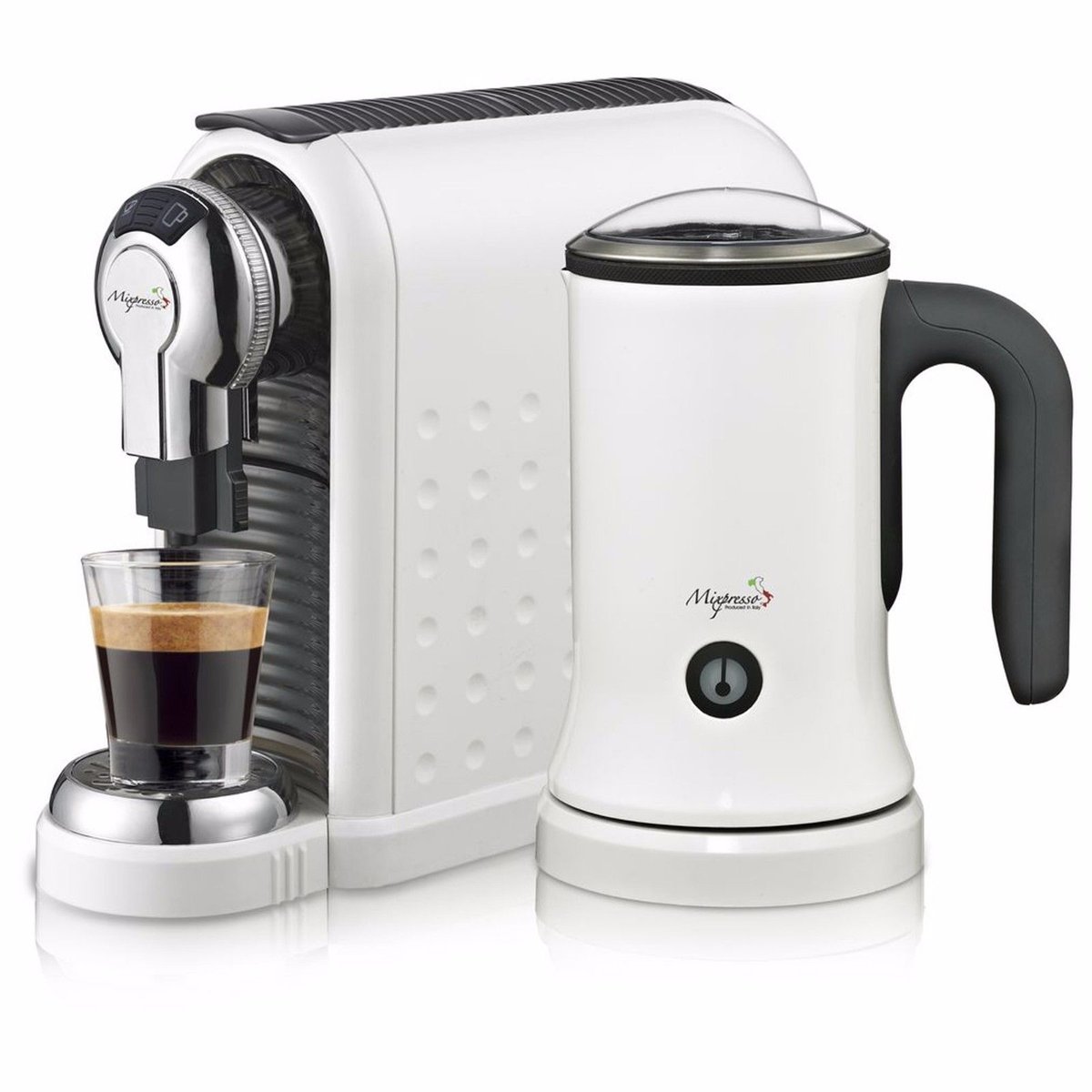 Image of Mixpresso White espresso coffee machine and milk frother with 20 Nespress