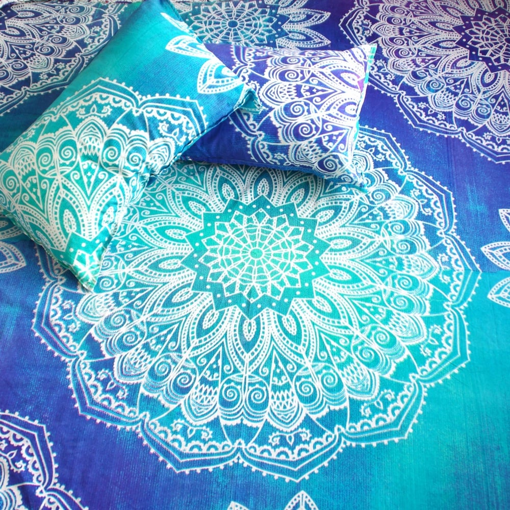 Image of Tie Dye Magic Eye Throw or Throw Set in Aqua and Blue from