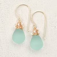 Image 5 of Aqua frosted glass earrings with seed pearls  14kt yellow or rose gold-filled