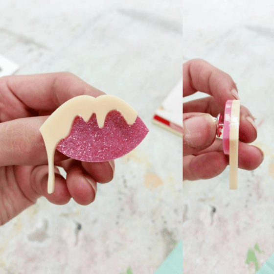Image of Pink Glitter Lips & Cream Drip Pin Badge