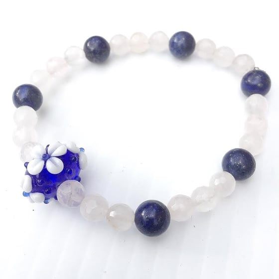 Image of Awaken and Ascend in Love ~ Lapis Lazuli and Rose Quartz with Custom Glass Lampwork Bead