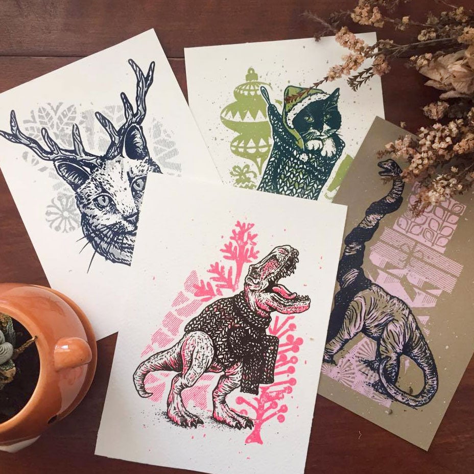 Image of Christmas Screen Print Set - Dinosaurs & Cats! 