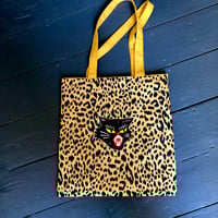 Image 1 of Cheetah black cat record mini lined tote bag,