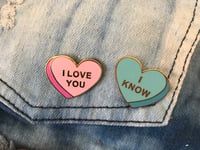Image 2 of "I Love You", "I Know" Conversation Heart Pair Enamel Pin Set