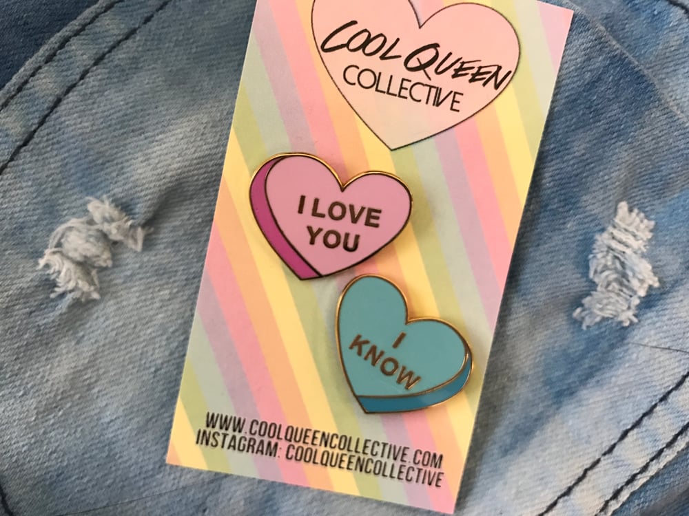 Image of "I Love You", "I Know" Conversation Heart Pair Enamel Pin Set
