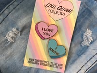 Image 1 of "I Love You", "I Know" Conversation Heart Pair Enamel Pin Set