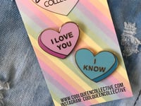 Image 4 of "I Love You", "I Know" Conversation Heart Pair Enamel Pin Set