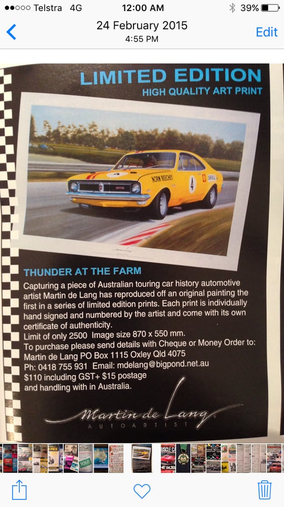 Image of Norm Beechey Holden Monaro. ATCC Winner. Large Poster "Thunder at the Farm"