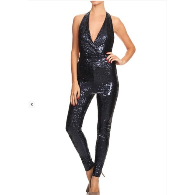 black sequin halter jumpsuit