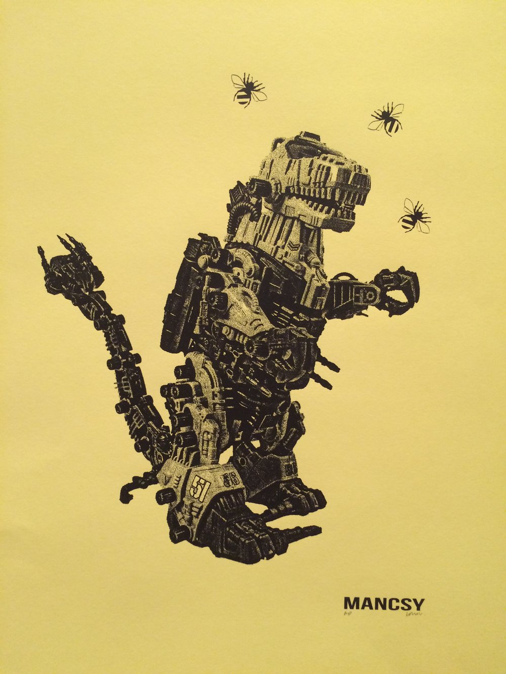 Image of A2 Robot Dinosaurs Rule in MCR Yellow screen print 
