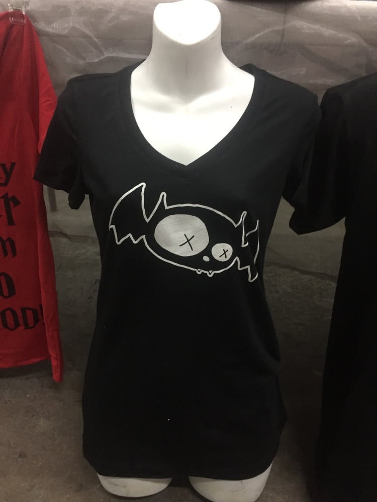 Image of Dead Bat Mascot men's and ladies' tee, ladies' v-neck