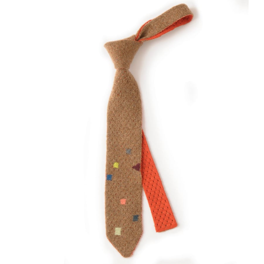 Image of Teddy Texture with Darning Stitch Tie - Camel x Orange