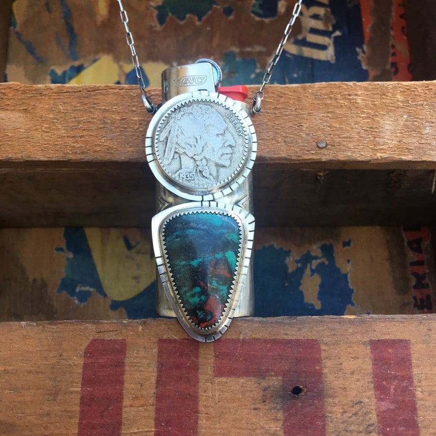 Image of REVERSIBLE SONORA SUNRISE, TURQUOISE & 1935 BUFFALO HEAD NICKEL LIGHTER CASE NECKLACE