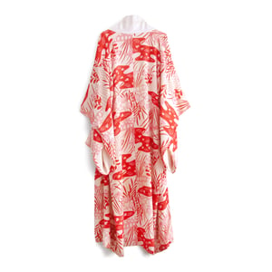 Image of Rød/Hvid silke kimono med rosa røde irisblomster og fugle