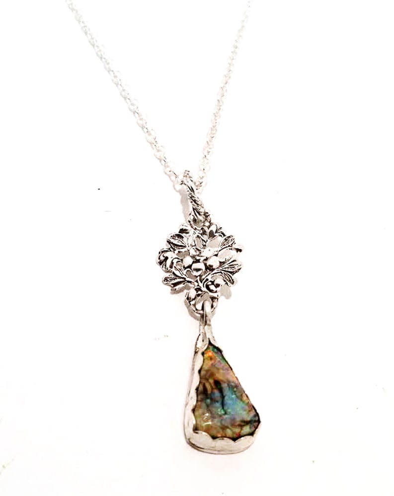 Image of 925 Sterling Silver and Monet Opal Teardrop Floral 20 inch Necklace 