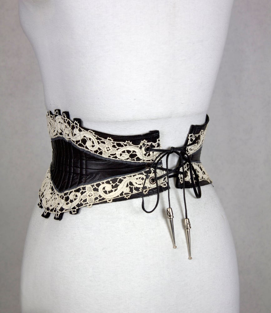 Black Leather w/ White Crochet Reversible Corset Belt