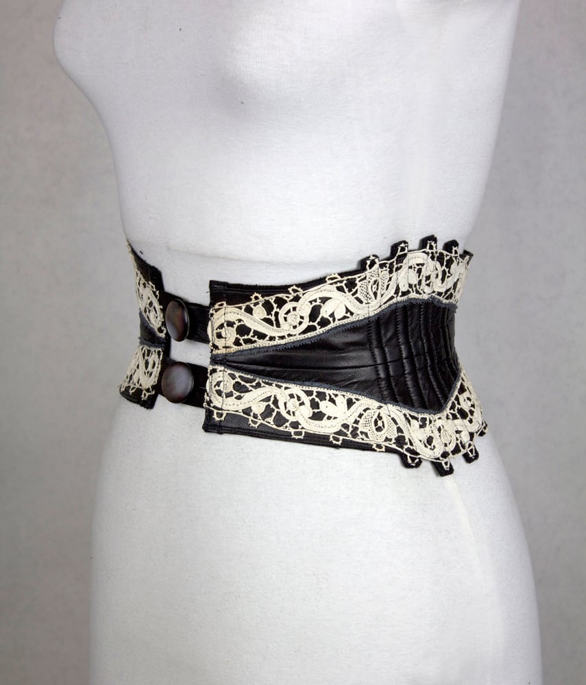 Image of Black Leather w/ White Crochet Reversible Corset Belt